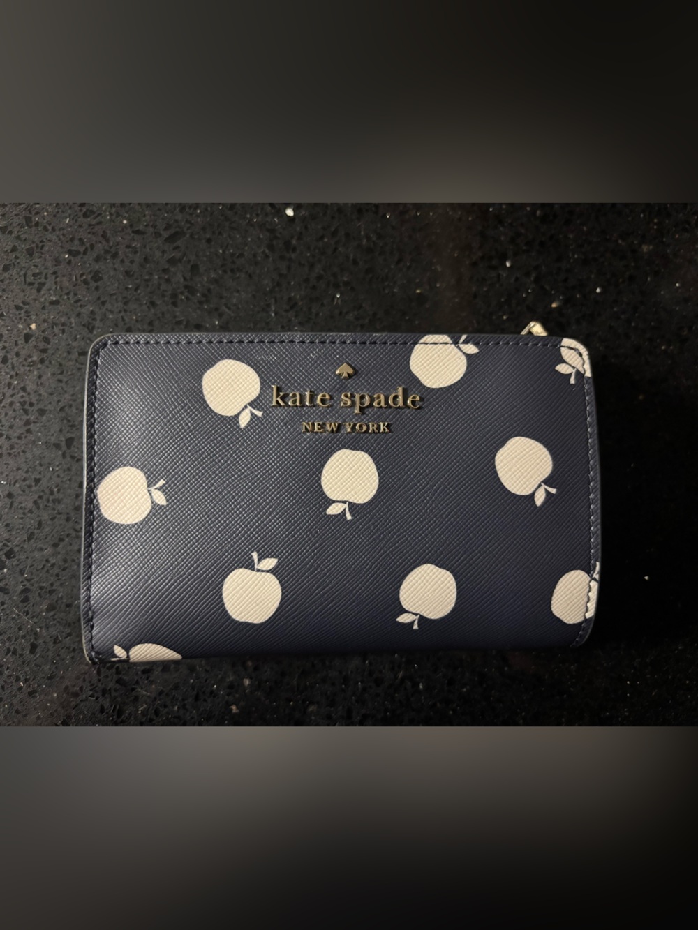 kate spade navy wallet with cream apple print